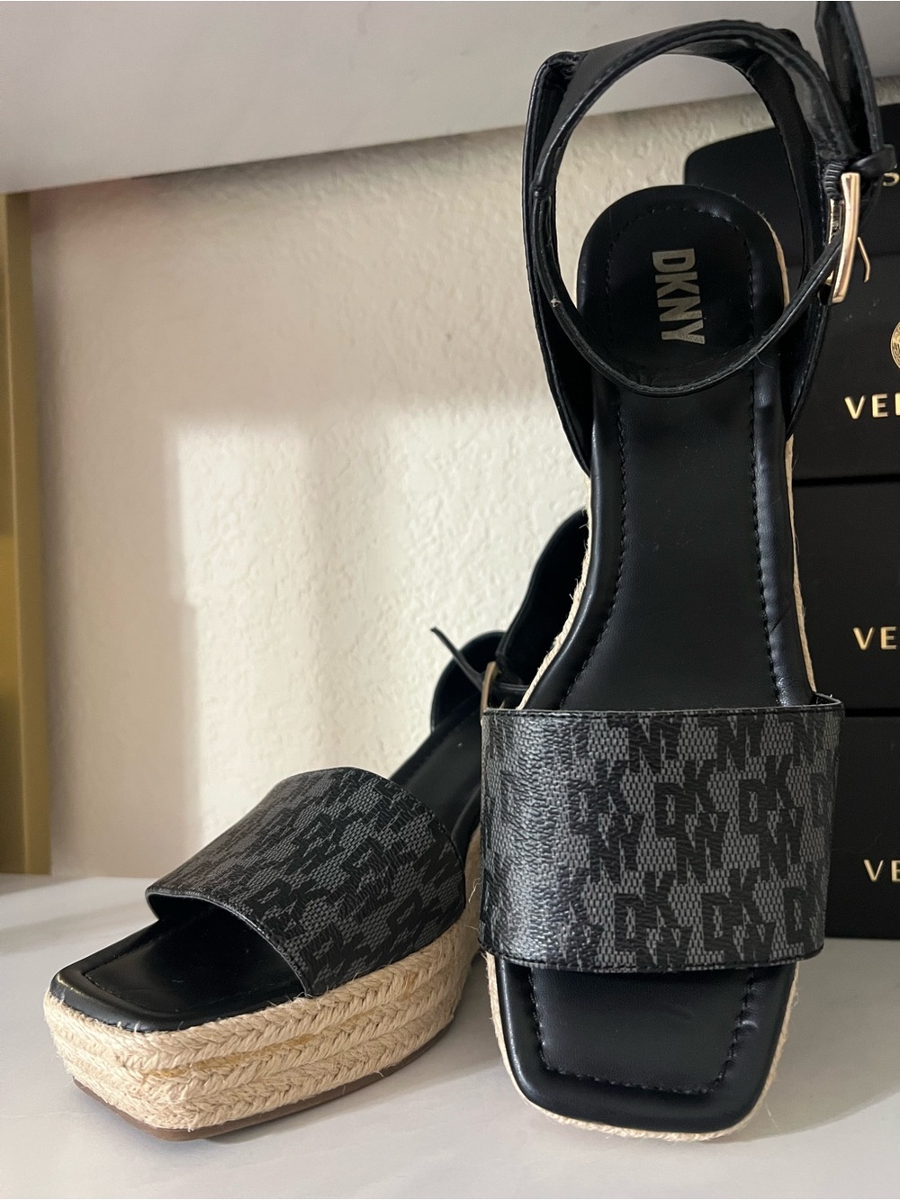 NEW DKNY Black Logo Calima Espadrille Ankle Strap Wedge Sandals
